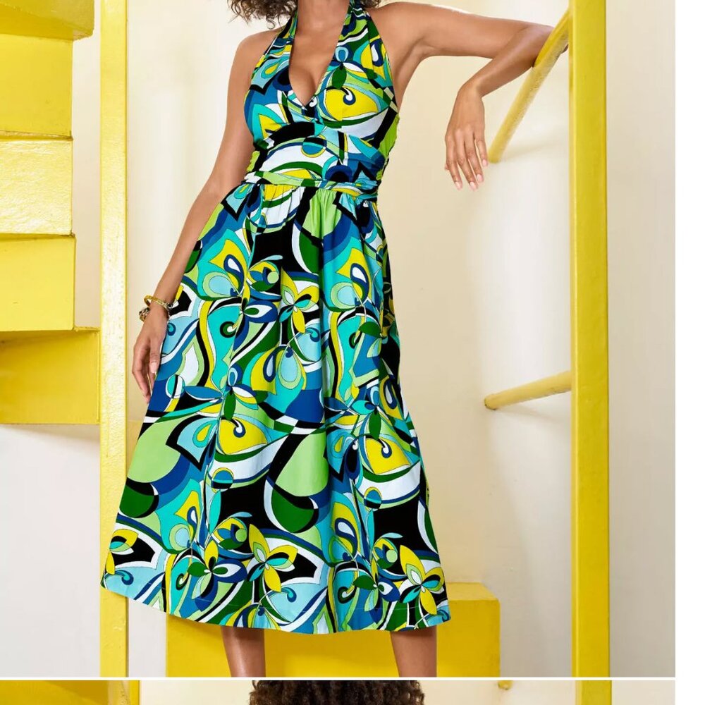 Abstract Print Halter Fit and Flare Midi Dress - with POCKETS!